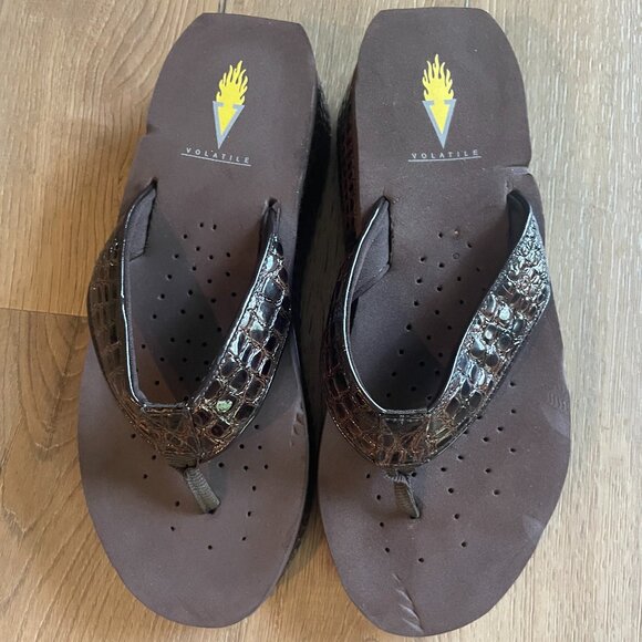 Volatile Shoes - Volatile Textured Flip Flops Platform Sandals Slip-On Wedge Brown Size 8
